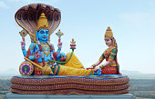 Statue of Lord vishnu and lakshmi Hindu God and goddess as in mythology in temple,India