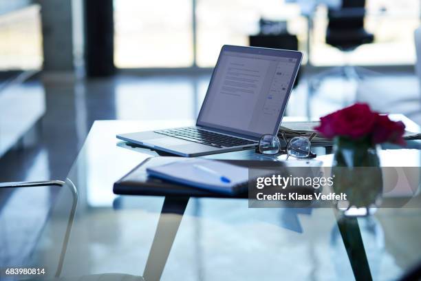 empty modern conference room, with laptop on glass table - south africa map stockfoto's en -beelden