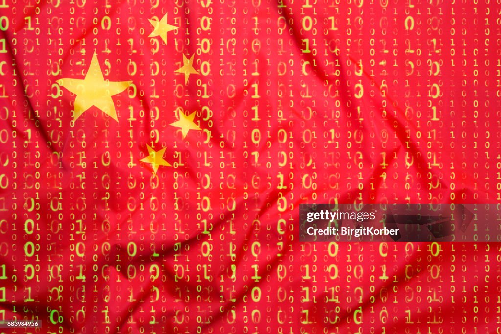 Binary code with China flag, data protection concept