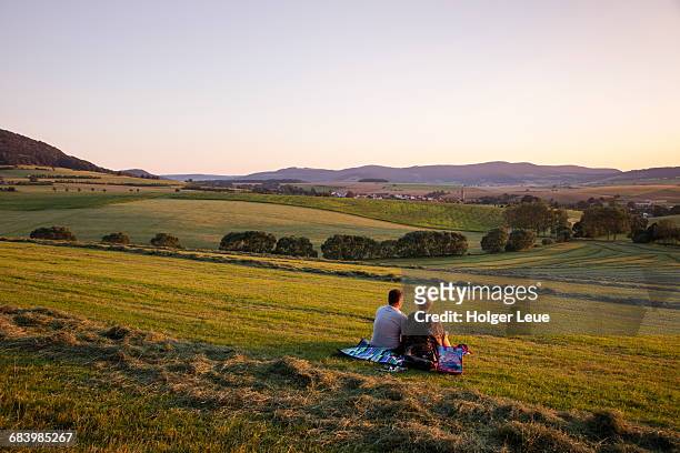 couple sit on blanket in meadow at sunset - thüringen stock-fotos und bilder