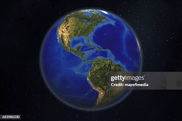 A satellite and 3d rendered image focused Central American and the Caribbean in the Western Hemisphere. Photo Maps4media via Getty Images.