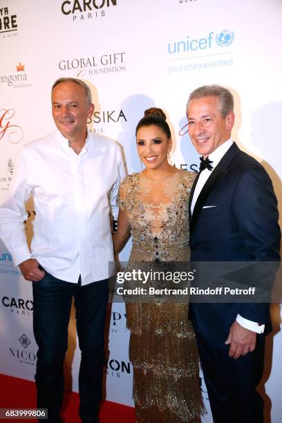 Chef of the George V, Christian Le Squer, Eva Longoria and General Director of the George V, Jose Silva attend the "Global Gift, the Eva Foundation"...