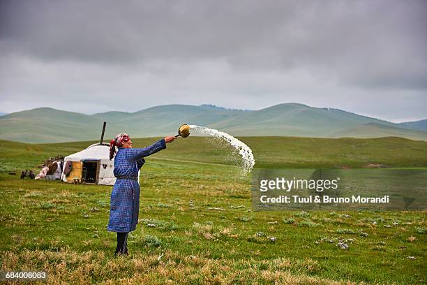 mongolia, nomad woman doing an offering - semi arid stock pictures, royalty-free photos & images