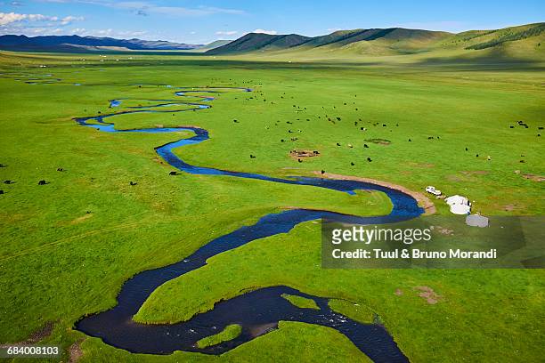 mongolia, yurt nomad camp in a valley - semi arid stock pictures, royalty-free photos & images