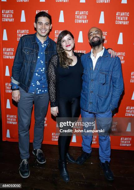 David Mendizabal, Paola Lazaro and Sean Carvajal attend "Darren Brown: Secret" opening night celebration at Atlantic Theater Company on May 16, 2017...