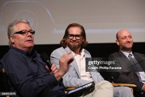 Moderator Bruce Carse and executive producer's Bryan Fuller and Michael Green speak onstage at the "American Gods" Crafts FYC Event at Linwood Dunn...