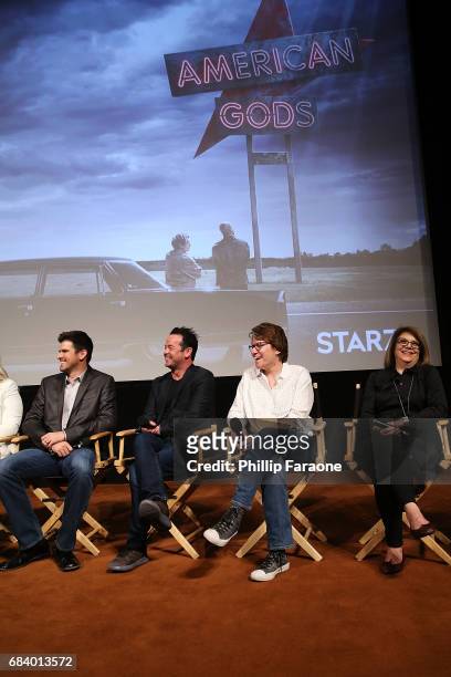 Brad North, Darran Tiernan, Amy Duddleston, and Margery Simkin speak onstage at the "American Gods" Crafts FYC Event at Linwood Dunn Theater on May...