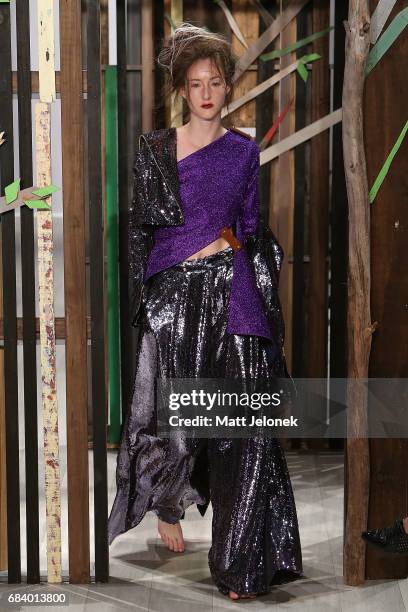 Model walks the runway during the Yousef Akbar show at Mercedes-Benz Fashion Week Resort 18 Collections at Carriageworks on May 17, 2017 in Sydney,...