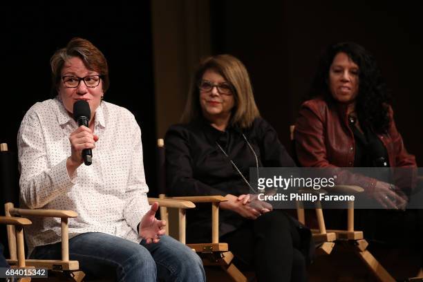 Editor Amy Duddleston and casting director's Margery Simkin and Orly Sitowitz speak onstage at the "American Gods" Crafts FYC Event at Linwood Dunn...