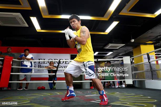 Manny Pacquiao trains at the Elorde boxing Gym on May 17, 2017 in Manila, Philippines.