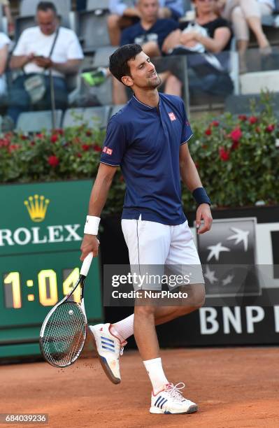 Novak Djokovic in action during his match against Aljaz Bedene - Internazionali BNL d'Italia 2017 on May 16, 2017 in Rome, Italy.