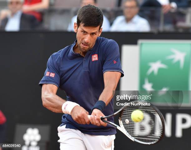 Novak Djokovic in action during his match against Aljaz Bedene - Internazionali BNL d'Italia 2017 on May 16, 2017 in Rome, Italy.