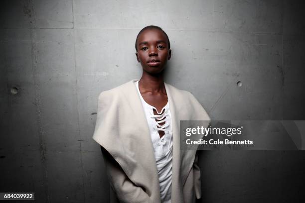 Model poses backstage ahead of the KITX show at Mercedes-Benz Fashion Week Resort 18 Collections at Bay 25, Carriageworks on May 17, 2017 in Sydney,...