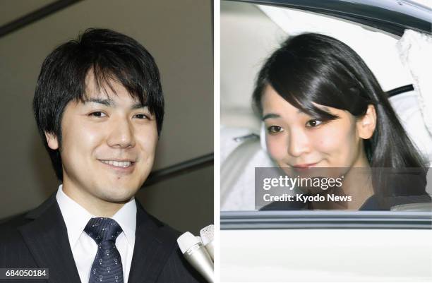 Combined photo shows Japan's Princess Mako , the first grandchild of Emperor Akihito, seen when she leaves Tokyo's Akasaka Estate, and Kei Komuro, to...