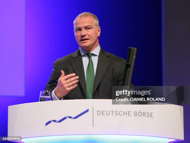 Carsten Kengeter, CEO of German stocks operator Deutsche Boerse, addresses shareholders during the company's annual general meeting in Frankfurt am...