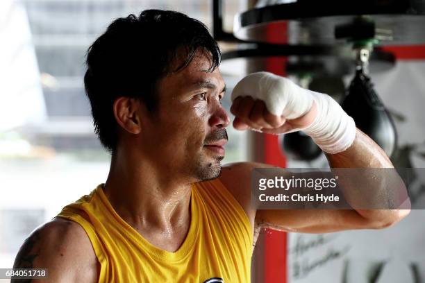 Manny Pacquiao trains at the Elorde boxing Gym on May 17, 2017 in Manila, Philippines.