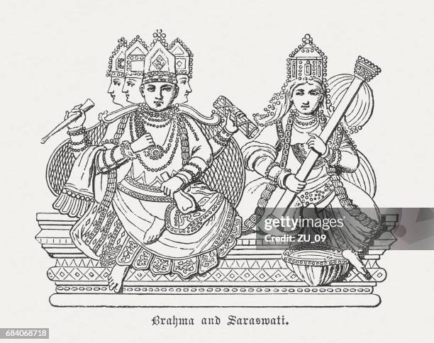hindu god brahma and his wife saraswati, published in 1880 - sitar stock illustrations
