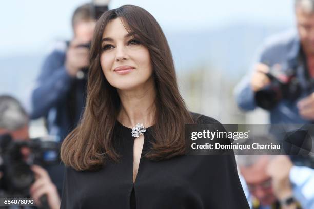 Monica Bellucci attends a photocall for her duty as Mistress of Ceremonies during the 70th annual Cannes Film Festival at Palais des Festivals on May...