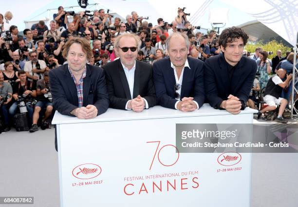 Actors Mathieu Amalric, director Arnaud Desplechin, Hippolyte Girardot and Louis Garrel attend the "Ismael's Ghosts " photocall during the 70th...