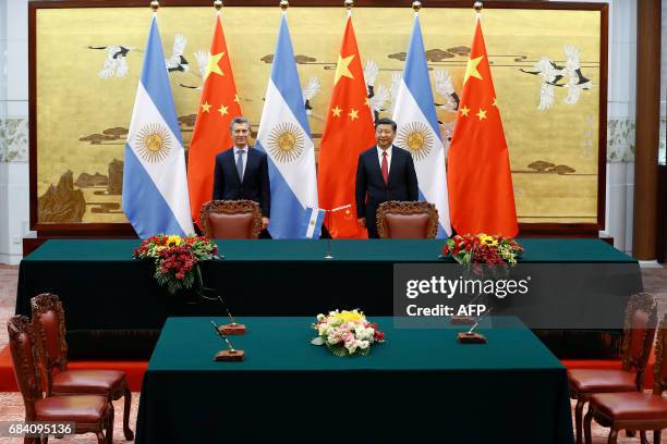 Chinese President Xi Jinping and Argentina's President Mauricio Macri attend a signing ceremony a signing ceremony at the Great Hall of the People in...