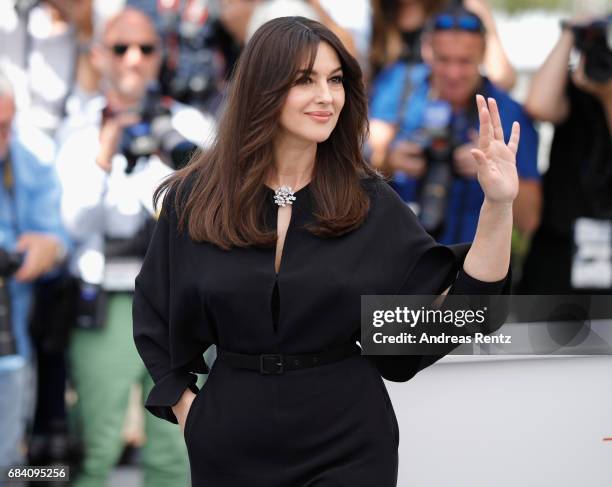 Monica Bellucci attends a photocall for her duty as Mistress of Ceremonies during the 70th annual Cannes Film Festival at Palais des Festivals on May...