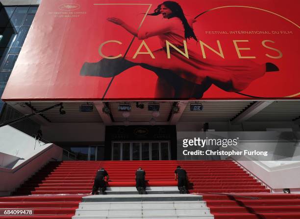 The red carpet is rolled out for the start of the 70th annual Cannes Film Festival at the Palais des Festivals on May 17, 2017 in Cannes, France....