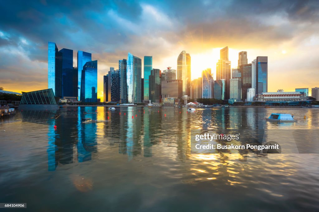 Singapore skyline at the Marina during twilight, Singapore cityscape