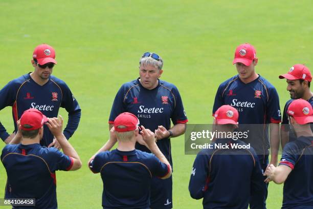 Essex head coach Chris Silverwood leads the team brief prior to the Royal London One-Day Cup between Kent and Essex at the Spitfire Ground on May 17,...