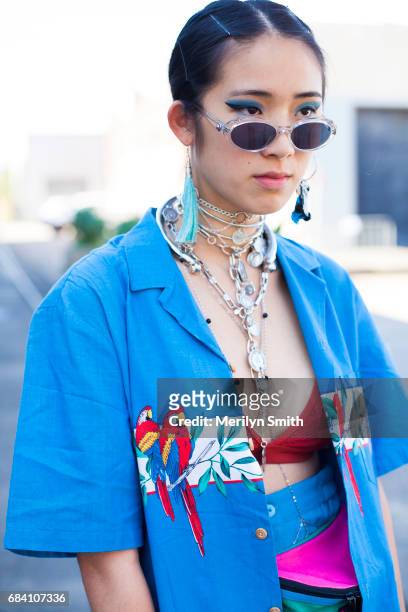 Fashion Blogger Tara Chandra wearing a vintage top and skirt during Mercedes-Benz Fashion Week Resort 18 Collections at Carriageworks on May 17, 2017...