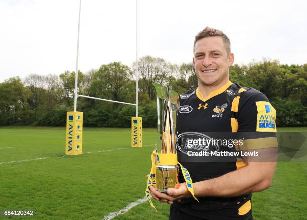 Jimmy Gopperth of Wasps pictured with the Aviva Premiership Rugby Player Of The Year 2017 trophy on May 11, 2017 in Coventry, England. .