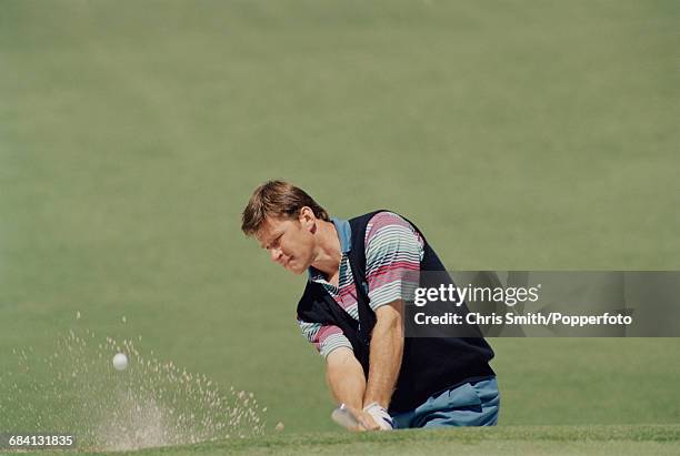 English golfer Nick Faldo pictured in action in competition to finish in 32nd place in the 1994 Masters golf tournament at Augusta National Golf Club...