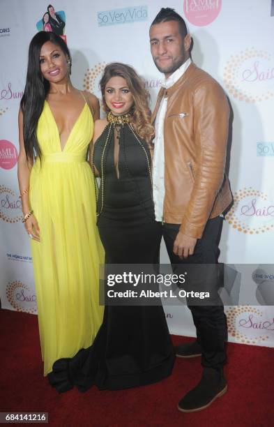 Model KD Aubert, designer Sai Suman and fighter Mehdi Baghdad at Sai Suman's Official Hollywood Runway Fashion Show held at Sofitel Hotel on April...