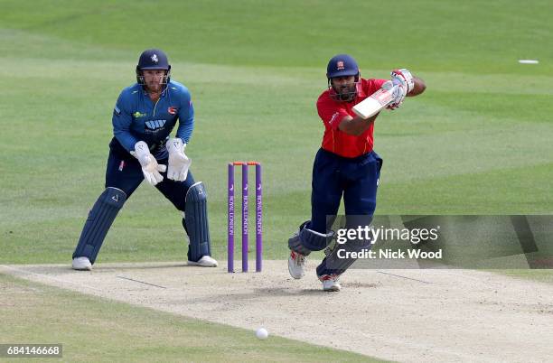 Varun Chopra of Essex drives the ball during the Royal London One-Day Cup between Kent and Essex at the Spitfire Ground on May 17, 2017 in...