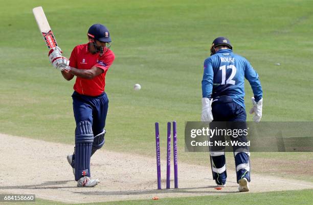 Varun Chopra of Essex is bowled by Imran Qayyum during the Royal London One-Day Cup between Kent and Essex at the Spitfire Ground on May 17, 2017 in...
