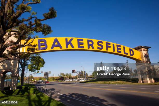 The official downtown entrance sign adjacent to the Buck Owens' Crystal Palace is viewed on April 4 in Bakersfield, California. California Highway 58...