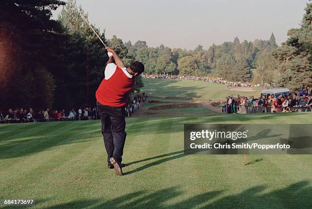 Fijian golfer Vijay Singh pictured in action driving off a tee during competition in the 1994 Toyota World Match Play Championship at Wentworth Golf...