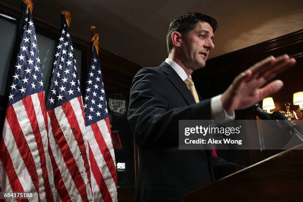 Speaker of the House Rep. Paul Ryan speaks during a news briefing at the headquarters of Republican National Committee May 17, 2017 in Washington,...