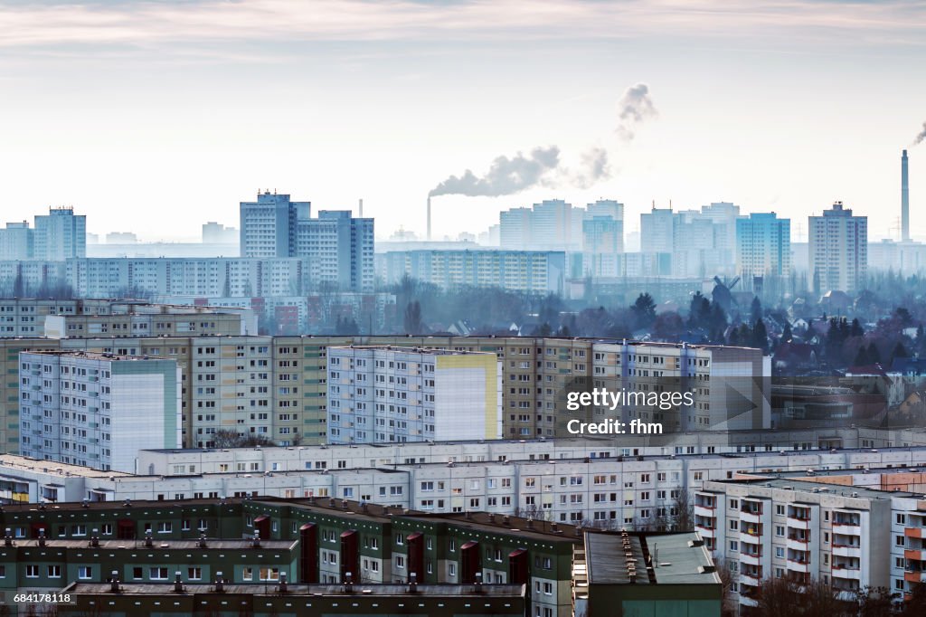 Residential district Berlin Marzahn with smoke stacks and exhausts