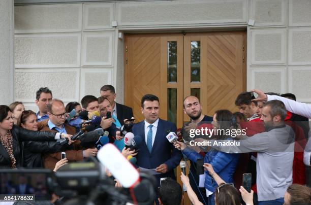 Leader of social-democratic and main centre-left political party Social Democratic Union of Macedonia Zoran Zaev speaks to press in Skopje, Macedonia...