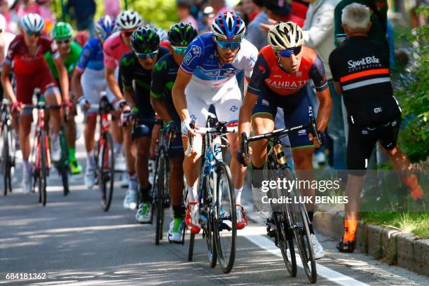 Italy's rider of team Bahrain - Merida Vincenzo Nibali , France's Thibaut Pinot of team FDJ and Colombia's Nairo Quintana of team Movistar compete...