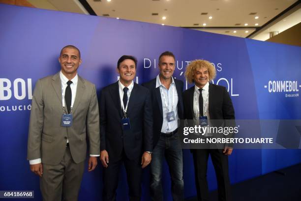 Former footballers David Trezeguet, Javier Zanetti, Gabriel Bastituta and Carlos Valderrama pose upon their arrival at the Conmebol headquarters in...