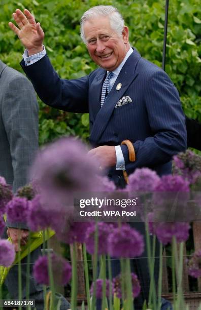 Prince Charles, Prince of Wales waves to the public across a display of alliums during a visit to the Royal Botanic Gardens on May 17, 2017 in...