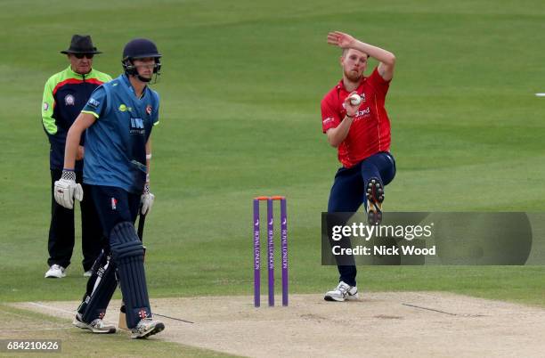 Jamie Porter of Essex in bowling action during the Royal London One-Day Cup between Kent and Essex at the Spitfire Ground on May 17, 2017 in...