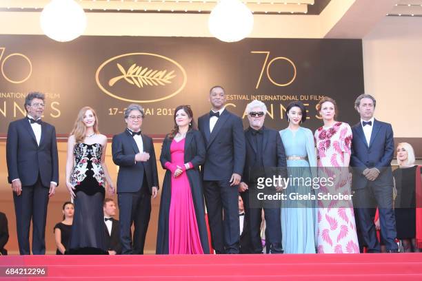Jury members Gabriel Yared, Jessica Chastain, Park Chan-wook, Agnes Jaoui and Will Smith, President of the jury Pedro Almodovar and jury members Fan...