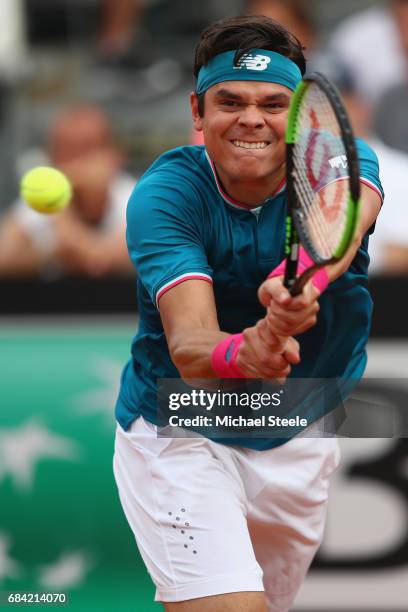 Milos Raonic of Canada in action during his second round match against Tommy Haas of Germany on Day Four of The Internazionali BNL d'Italia 2017 at...