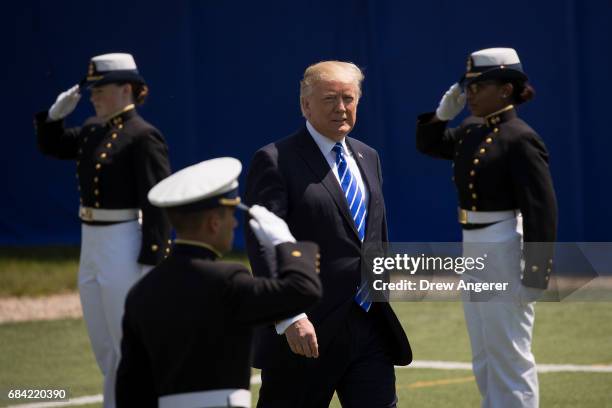 President Donald Trump arrives at the commencement ceremony at the U.S. Coast Guard Academy, May 17, 2017 in New London, Connecticut. This is...