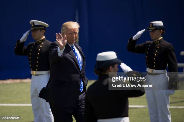 President Donald Trump arrives at the commencement ceremony at the U.S. Coast Guard Academy, May 17, 2017 in New London, Connecticut. This is...