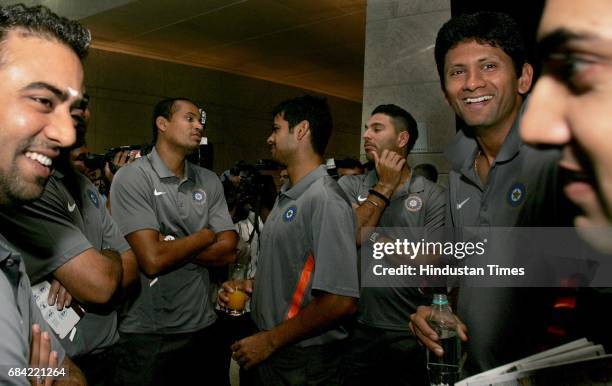 Twenty20 England 2009 Indian cricketers, Yusuf Pathan, R.p. Rudra Pratap Singh, Yuvraj Singh and Venkatesh Prasad interact ahead of the teams...