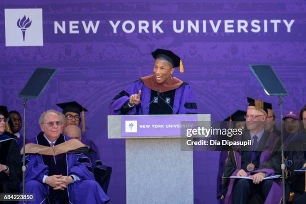 Pharrell Williams speaks during the New York University 2017 Commencement at Yankee Stadium on May 17, 2017 in the Bronx borough of New York City.