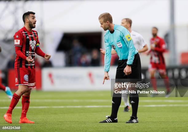 Brwa Nouri of Ostersunds FK in a discussion with Glenn Nyberg, referee during the Allsvenskan match between Ostersunds FK and IK Sirius FK at...